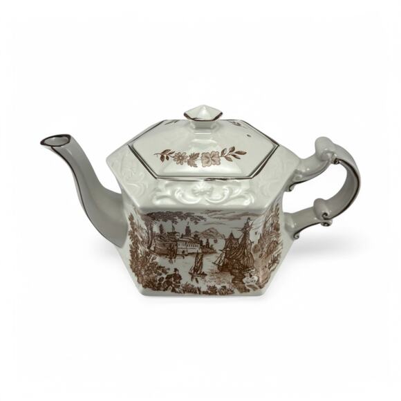 Vintage 1960s Ellgreave Staffordshire Ironstone Teapot Safe Harbor Transferware - Picture 3 of 16